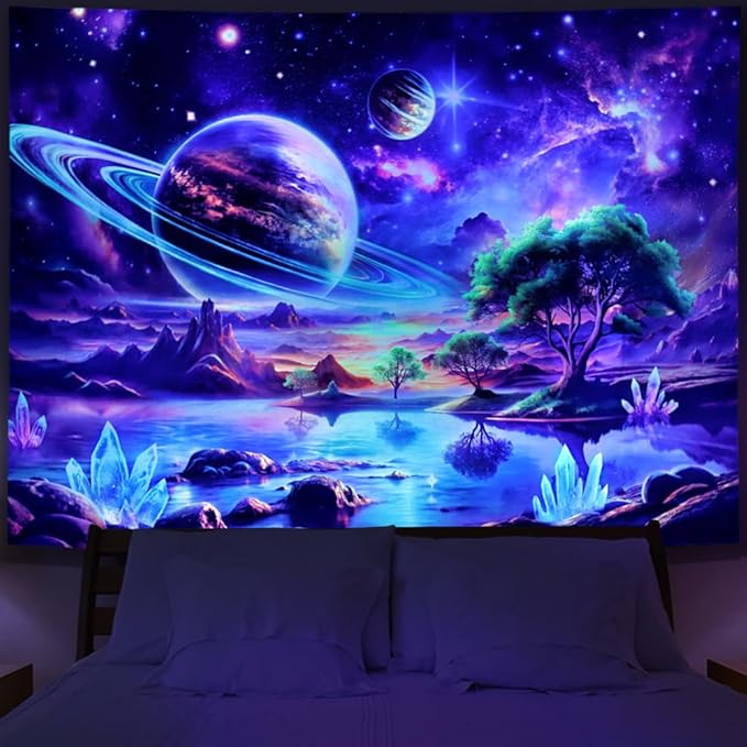 Lahasbja Blacklight Galaxy Space Tapestry UV Reactive Planet Wall Hanging Magical Trees Tapestries Cosmic Mountain Landscape Wall Decor Aesthetic Starry Night Backdrop for Bedroom