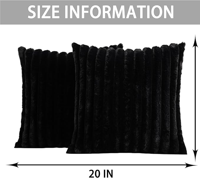 Pack of 2 Faux Fur Christmas Throw Pillow Covers 20x20 Inch, Soft Plush Striped Neutral Couch Pillow Cover, with Velvet Back Modern Home Decor for Sofa Living Room Couch Bed Black