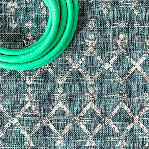JONATHAN Y Moroccan Geometric Indoor Outdoor Runner Rug 2X10 Teal/Gray, Ourika Textured Weave for Backyard, Patio, Porch, Easy-Cleaning, High Traffic, Pet-Friendly, Non-Shedding (SMB108C-210) - color: Teal/Gray, size: 2'2" x 10' (Runner)