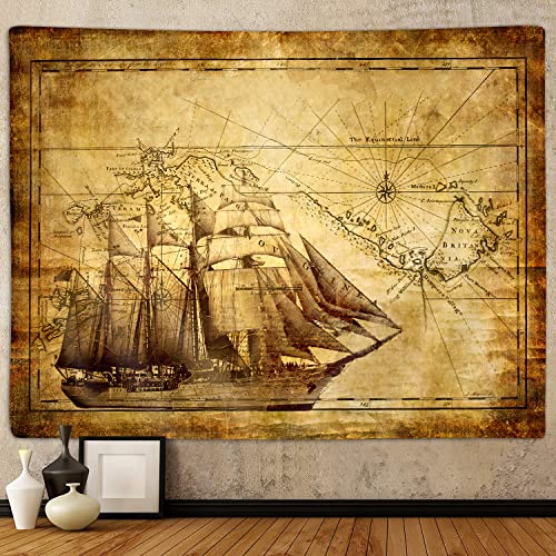 Old Map Tapestry, Vintage Nautical Pirate Treasure World Map Art Tapestries Wall Hanging for Men Bedroom College Dorm Living Room Office Decor 60X40", Fun Pirate Ship Cool Poster Blanket - color: Map-2, size: 40"L x 60"W
