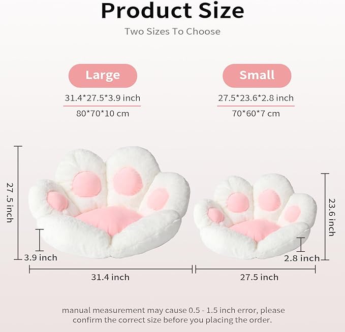 Ditucu Cat Paw Cushion Kawaii Chair Cushions 31.4 x 27.5 inch Cute Stuff Seat Pad Comfy Lazy Sofa Office Floor Pillow for Gaming Chairs Room Decor White