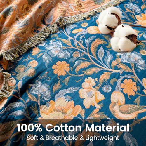 Boho Throw Blanket 60"x80" 100% Cotton Floral Twin Size Bed Blanket with Flower Bird,Reversible Soft Breathable Lightweight Spring Decorative Blankets with Fringe for Couch Sofa All Season - color: Navy Blue, size: 60''x80''