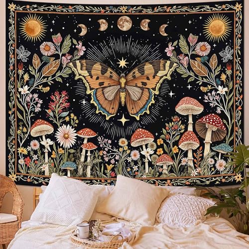 Accnicc Boho Butterfly Tapestry Mushroom Sun and Moon Hippie Wall Tapestry for Bedroom Aesthetic Vintage Floral Plant Small Tapestries Wall Hanging for Dorm Living Room Decor 60 x 44 Inch - color: Brown Black, size: 60"L x 44"W