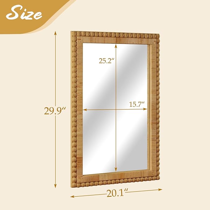 Rattan Wall Mirror - Boho Mirror Hanging Wicker Mirror for Bathroom Entryway Wall Decor, 20" x 30", Rectangle