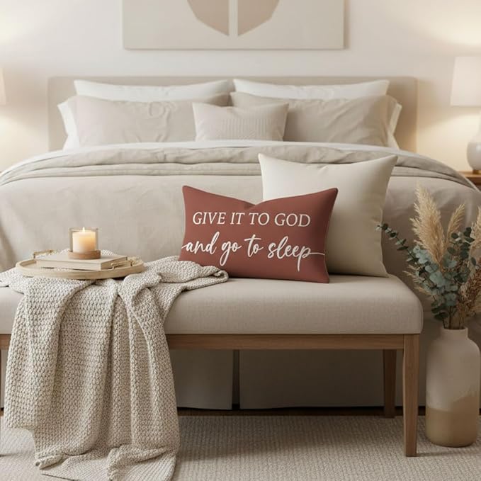 Decorative Throw Pillow Covers 12x20 Inch Set of 2 – Rust Christian Lumbar Pillowcase – Give It to God and Go to Sleep/Relax God’s Got This – Cozy Fall Thanksgiving Bedroom Bed Decor