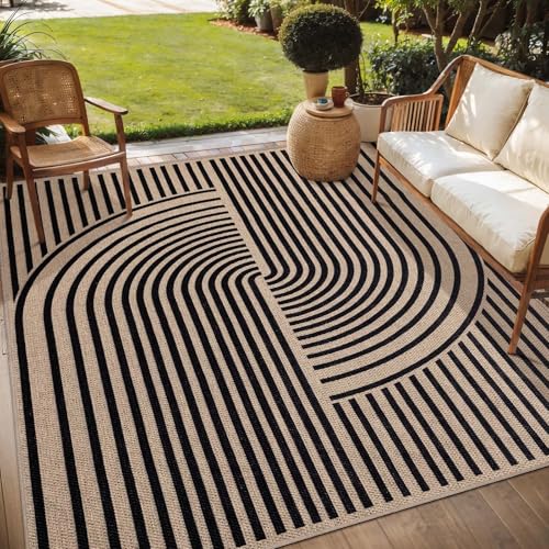 Tangsoo Rainbow Easy Jute Rug 5x7 Large Washable Area Rug for Living Room,Black Non-Slip Thin Outdoor Rug,Modern Farmhouse Indoor Carpet for Dining Room Table Bedroom Patio - color: Black, size: 5x7ft