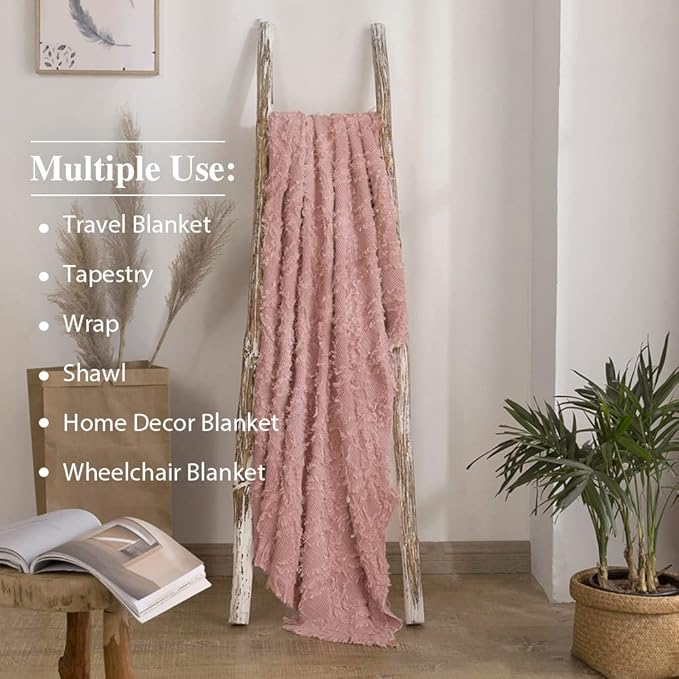 Simple&Opulence 100% Cotton Throw Blanket for Bed, Couch, Boho Textured Geometric Knit Woven Blanket with Tassels Soft, Lightweight Breathable Shabby Chic Farmhouse Decoration for All-Season(Pink)