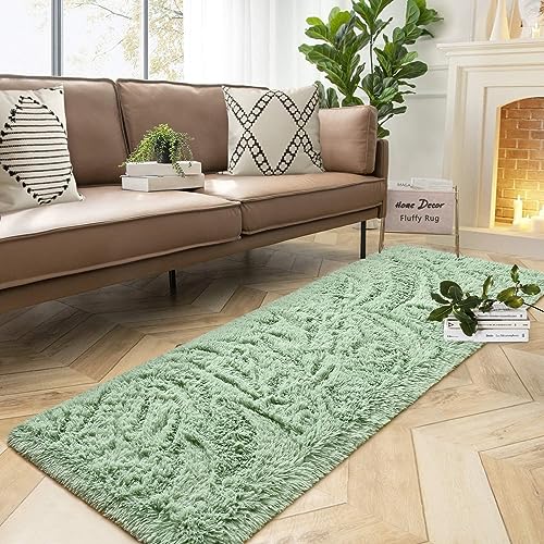 DweIke Fluffy Sage Green Runner Rugs for Bedroom, 2x6 Feet Soft Plush Long Runners for Girls Boys Kids, Non-Slip and Machine Washable Bedside Rug, Small Throw Carpet for Hallway Rooms Decor - color: Green, size: 2 Ft X 6 Ft