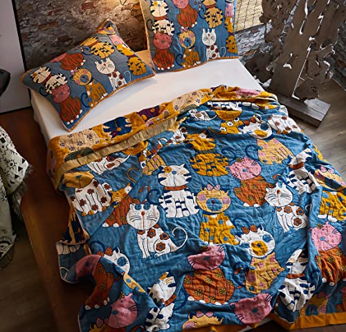 MEJU Kitty Cats Kids Child Muslin Blanket Throw Reversible Cover for Bed Sofa Couch, 100% Combed Cotton 4 Layer Soft Warm Quick Dry Throw Blanket Bed Coverlet Quilt Sheet Blue Twin 60 in x 80 in - color: Cats Blue, size: Twin 60 in x 80 in