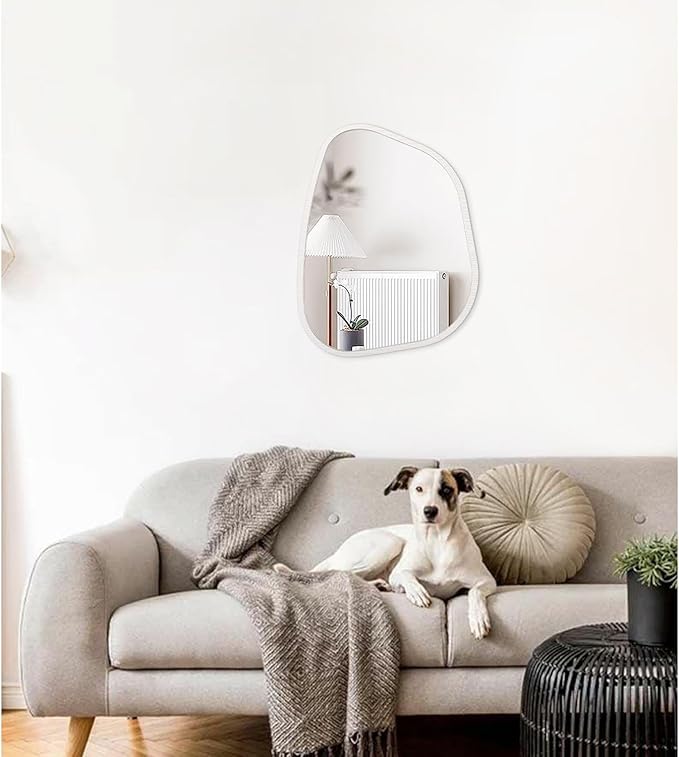 Asymmetrical Mirror Small 16"x12" Irregular Wall Mirror Modern Wood Frame Unique Shape Wall Mounted Vanity Artistic Mirror Decorative for Living Room Bedroom Bathroom Entryway Hallway