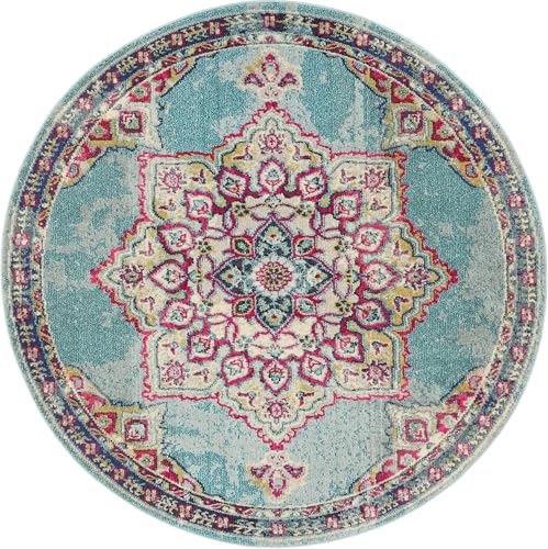 Rugs.com Fleur Collection Rug – 6' Round Light Blue Medium-Pile Rug Perfect for Kitchens, Dining Rooms - color: Light Blue 11, size: 6' (Round)