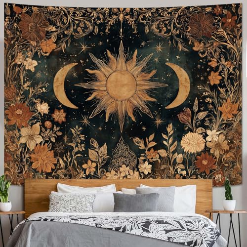 Gruaoihy Vintage Sun and Moon Tapestry, Retro Aesthetic Floral Wall Hanging for Bedroom Dorm Decor, 60x80 inches - color: Aesthetic Sun and Moon, size: 80"L x 60"W