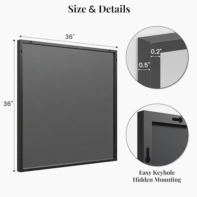 36''x36'' Large Black Square Mirror, Matte Metal Framed Bathroom Vanity Mirror, Oversized Wall Mirror for Entryway, Industrial Decor, Flush Mount