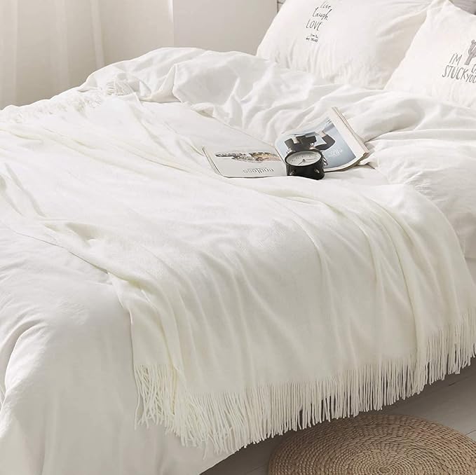 Homiest Decorative Knitted Throw with Fringe, Lightweight Acrylic Knit Blanket, Soft & Cozy Tassel Blanket for Couch, Sofa, Bed (Ivory White, 60 x 80 Inch)