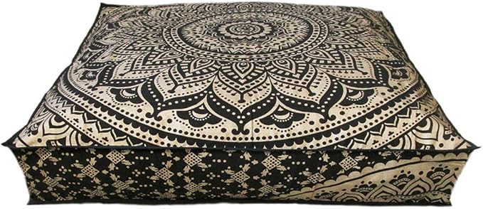ICC Large Square Floor Pillow Cover Hippie Ottoman Pouf Cover Daybed Cotton Mandala Cushion Cover with Heavy Duty Zipper Seating Ottoman Poufs Dog-Pets Bed (Black Gold Ombre, 35" Square)