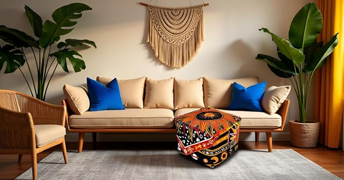 CRAFT KALA Square Mandala Floor Pillow Cushion Cover Seating Throw Cover Hippie Decorative Bohemian Ottoman Poufs Cover Pillow Cases Cotton Living Room Home Décor 16X16X14 inches, Orange Burning Sun