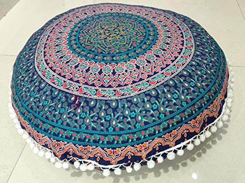 CRAFT KALA Mandala Floor Pillow Cushion Cover Seating Throw Cover Hippie Decorative Bohemian Ottoman Poufs Pom Pom Pillow Cases Boho Indian Cotton Living Room Home Décor 24" Round Elephant Moor Joda - color: Elephant Moor Joda, size: 24" x 24" (Pack of 1)