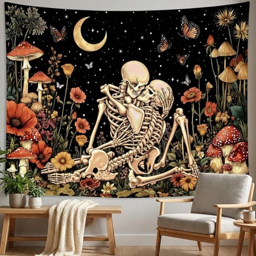 Lifeel Skeleton Lovers Tapestry, The Kissing Lovers Boho Aesthetic Skull Gothic Tapestry for Bedroom Living Room, 60x80 inches - color: Black1, size: 80"L x 60"W