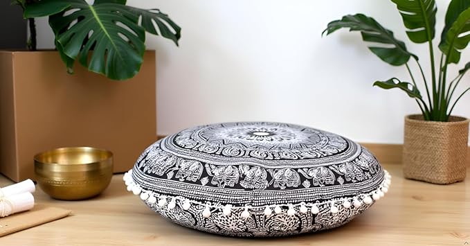 Round Mandala Floor Pillow Cover Seating Cushion Throw Cover Hippie Decorative Bohemian Ottoman Pouf Cover, Pom Pom Pillow Cases,Boho Indian 22 Inches (Black Elephant Flower)