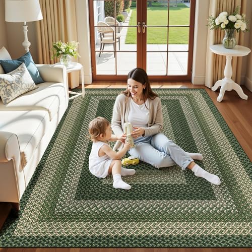 Ileading Faux Braided Area Rug 6'x9' Washable Farmhouse, No-Shed Non-Slip Woven Carpet, Pet Friendly Stain Resistant Jute Style Rug for Living Room Dining Bedroom Office - color: Multi Color-green, size: 6' x 9'(Rectangular)