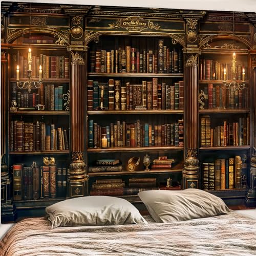 Accnicc Vintage Bookshelf Tapestry Medieval Art Book Tapestries Wall Hanging Gothic Dark Academia Retro Library Backdrop Tapestry for Bedroom Living Room Dorm Study Classroom 90× 68 inch - color: Brown, size: 90"L x 68"W