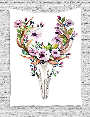Ambesonne Skull Tapestry, Deer Animal Skull with Floral Horns Nature Inspired Dead and Living Art Print, Wall Hanging for Bedroom Living Room Dorm Decor, 40" X 60", Brown Cream - color: Brown Cream, size: 60"L x 40"W