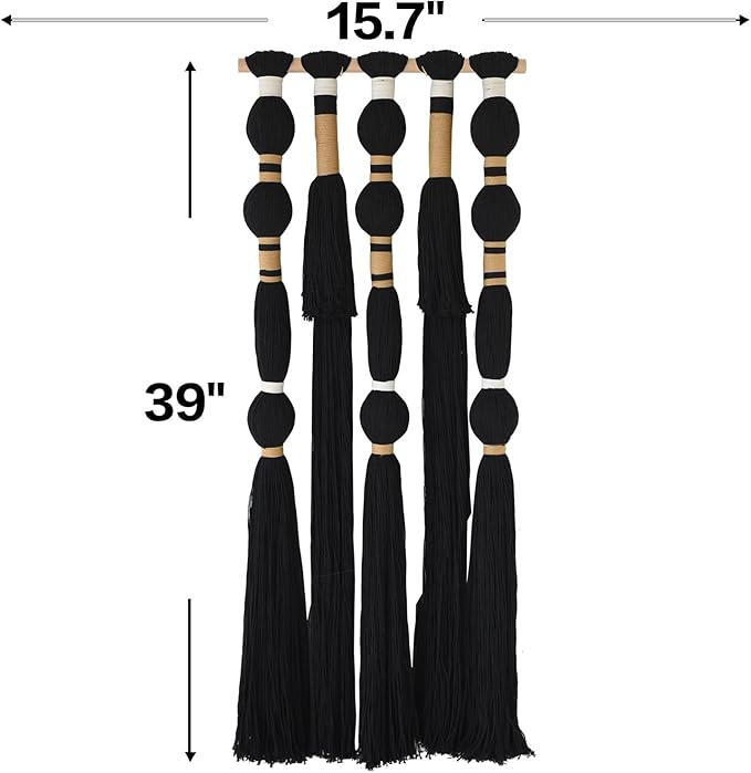 Flber Macrame Wall Hanging Black Sphericity Cotton Tassels Textile Hanging Geometric Yarn Wall Art for Bedroom Living Room Decor 15.7" W x 39" L