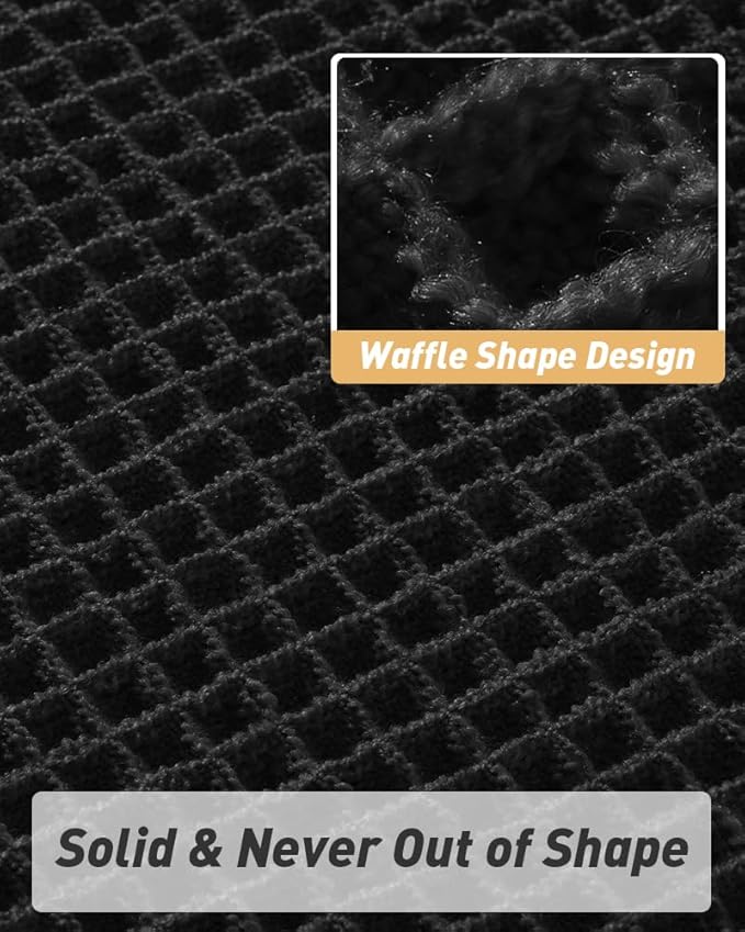 Upgraded Waffle Bath Mat Set of 2, Super Absorbent Non Slip Bath Mats for Bathroom Floor, Washable Boho Bathroom Rugs Set 2 Piece with Tassels, Soft Bathroom Mat Set, 17" x 24" +18" x 30", Black