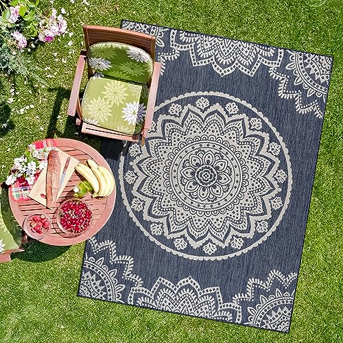CAMILSON Outdoor Rug 6x9 Modern Area Rugs for Indoor and Outdoor Patios and Porches - Waterproof, Washable, Non-Shedding, Easy-to-Clean Outside Carpet (6 x 9, Medallion - Blue/White) - color: Medallion - Blue / White, size: 6'7" x 9' (Rectangular)