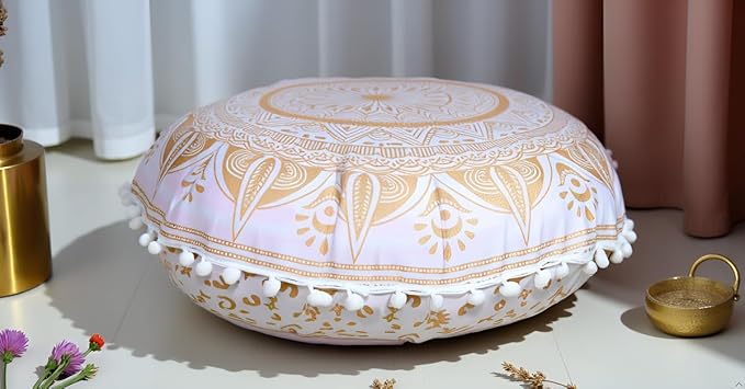 Round Mandala Floor Pillow Cover Seating Cushion Throw Cover Hippie Decorative Bohemian Ottoman Pouf Cover, Pom Pom Pillow Cases,Boho Indian 22 Inches (Gold trishol)