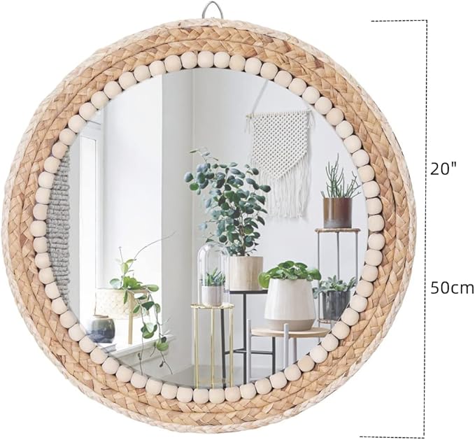 OYPEIP 20”Large Nature Rattan Boho Innovative Art Decoration Round Makeup Mirror Dressing Bedroom Bathroom Wall Mounted Hanging Mirrors Craft Photo Props…