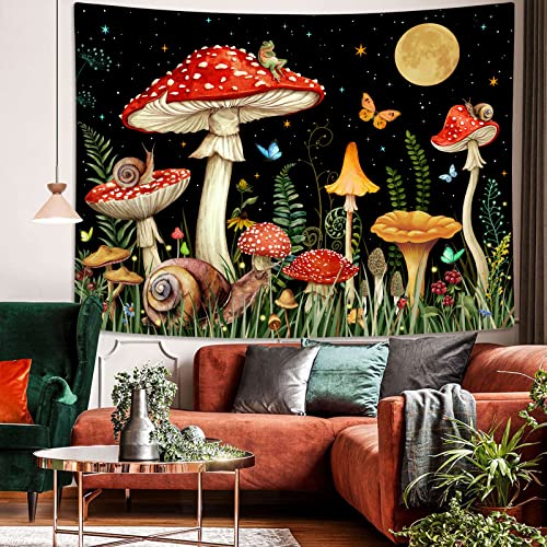 Zussun Red Mushroom Tapestry Moon Star Tapestries for Bedroom Aesthetic Starry Night Green Plant Tapastrys Wall Hanging Butterfly Snail Frog Wall Tapestry for Living Room Dorm (Black, 60" x 44") - color: Black, size: 60"L x 44"W