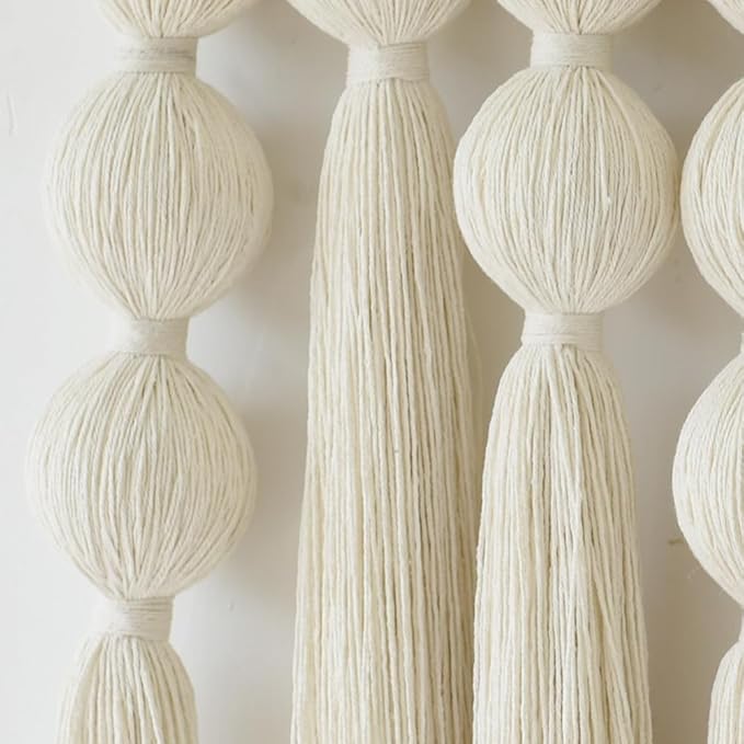 Macrame Wall Hanging Boho Wall Decor with Cotton Ball Tassels Handmade Fiber Wall Art for Living Room Bedroom