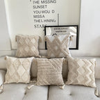 Ethnic Retro Style Tassel Sofa Bedside Cushion Cover Office Lumbar Pillow Tufted Pillow Cover Moroccan Cushion Cover (Geometric Rhombus), Beige
