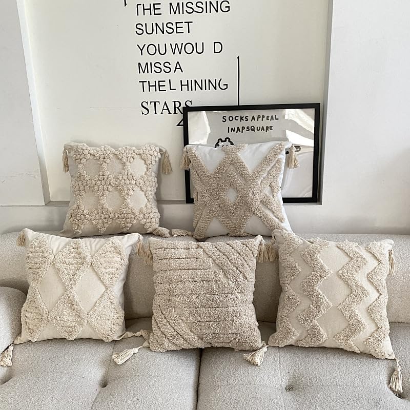 Ethnic Retro Style Tassel Sofa Bedside Cushion Cover Office Lumbar Pillow Tufted Pillow Cover Moroccan Cushion Cover (Geometric Rhombus), Beige