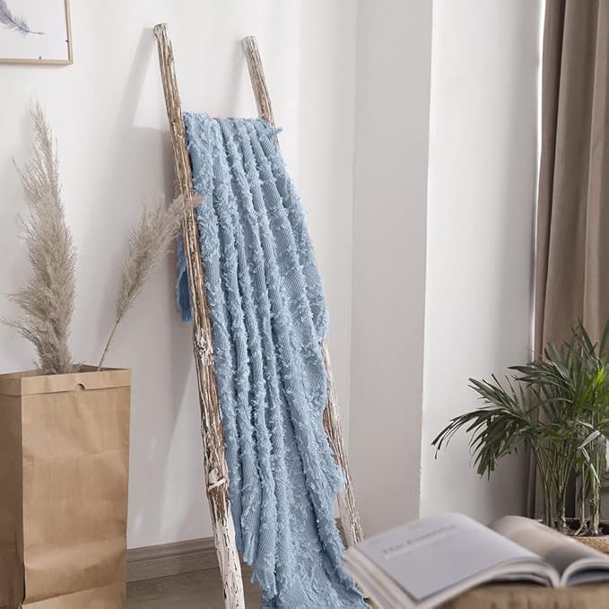 Simple&Opulence Cotton Throw Blanket for Bed, Couch, Boho Textured Geometric Knit Woven Blanket with Tassels Soft, Lightweight Breathable Shabby Chic Farmhouse Decoration for All-Season(Dusty Blue)
