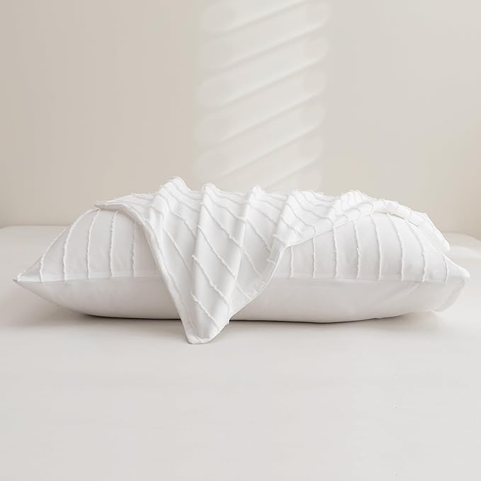 JELLYMONI Pillowcases King Size White 2 Pack Boho Striped Bed Pillow Covers 20x36in Polyester Envelope Pillow Shams Tufted Bohemian Textured (Pillows are not Included)