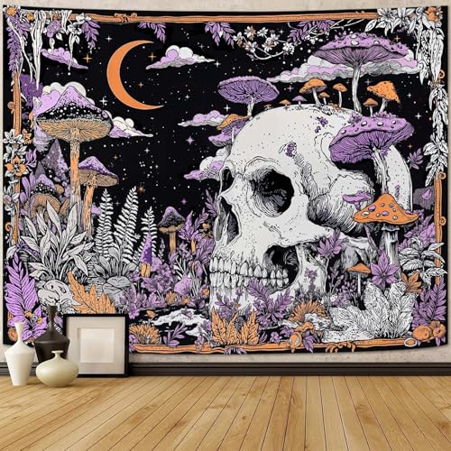Accnicc Mushroom Skull Tapestry Gothic Skeleton Vintage Plant Tapestries Wall Hanging Botanical Witchy Horror Large Tapestry for Bedroom Living Room Dorm 80 x 60 inch - color: Purple White, size: 80"L x 60"W