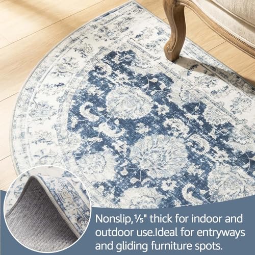 jinchan Fiora Washable Small Area Rug, 2x3 Half Circle Floral Entryway Rug, Low Pile Half Moon Doormat Soft Non Slip Dirt Trapping Carpet for High Traffic Kitchen Bathroom Vanity, Distressed Dark Blue - color: Distressed Dark Blue, size: 1'9" x 3' (Semici