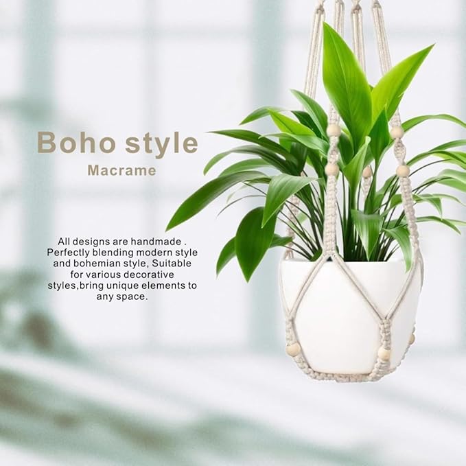 1 Pack Macrame Plant Hanger,Hanging Plant Holder, Boho Home Decor Hanging Basket with Wood Beads,Hanging Planters for Indoor Plants,Plant Hanger Indoor 43" Ivory (POTS NOT Included)
