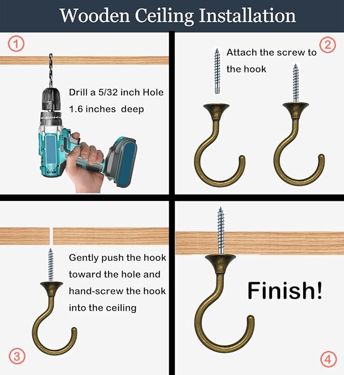 2 Sets Heavy Duty Swag Ceiling Hooks for Hanging Plants with Hardware, Cavity WallFixing, Easy to Install, Holds Up to 30 lbs, Antique Brass for Home & Garden