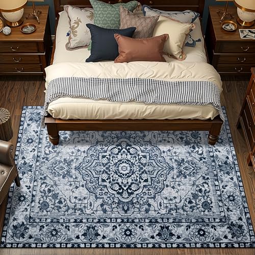 YJ.GWL Area Rugs for Living Room 5x7 Machine Washable Rugs, Non Slip Floral Vintage Rug Indoor Carpet, Stain Resistant Large Rug for Bedroom Dining Room, Navy Blue - color: Navy Blue, size: 5' x 7' (Rectangular)