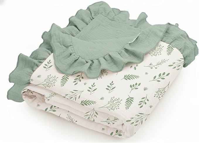 Muslin Ruffled Baby Blanket, Extra Large 52 x 52 Inches, Soft Breathable Cotton Crib Blanket for Newborn Infant Toddler (Leaf C & Sage, Printed)