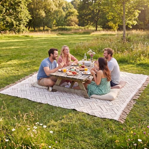 Frienda 70 x 120 Inch Extra Large Brown Outdoor Picnic Blanket Woven Cotton Yarn Blanket with Fringe and Leather Storage Strap Boho Decor for 8 to 12 Camping Lawn Wedding Photoshoot Beach Park Grass - color: Brown, size: 70 x 120 Inch