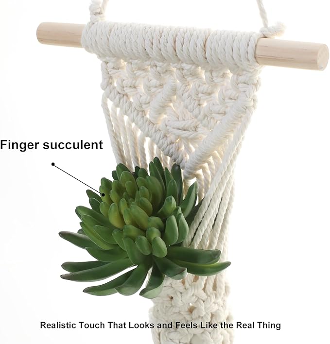 Macrame Wall Hanging Plant Holder with Artificial Succulent, Natural Cotton with Wood Dowel, Boho Wall Decor, Hanging Plants Set of 2 (Succulent 2pcs)