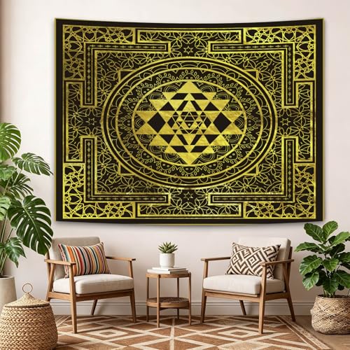 SHRAPHY Golden Sri Yantra Tapestry 60x60 Inches Mandala Sacred Geometry Decor Tapestry Yoga Meditation Spiritual Tapestries for Room Bedroom GTHYUH566