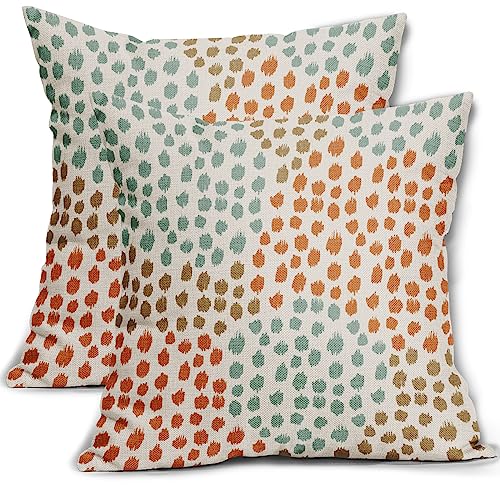 Blue Orange Brown Pillow Covers 16x16 Set of 2 Fall Colored Art Dot Decorative Throw Pillows Trendy Print Outdoor Pillowcase Holiday Seasonal Cushion Cover Linen Pillow Case Decor for Sofa Couch Bed - color: Blue Orange Brown Dots, size: 16" x 16" (Pack o