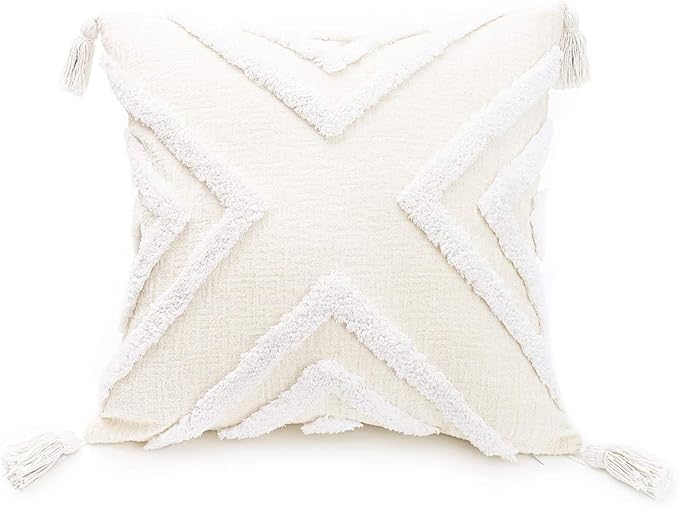 Boho White Throw Pillow Cover 18x18 Inch with Tassels, Geometric Tufted Decorative Cream Chenille Fabric Accent Textured Cushion Case for Bed Couch, 1 PC Cover Only No Insert
