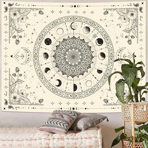 Lunerfex Mandala Moon Tapestry Boho Tapestry for Bedroom Black and White Tapestries Wall Hanging Living Room Wall Art and Home Decor 44x60 - color: Ivory, size: 60"L x 44"W