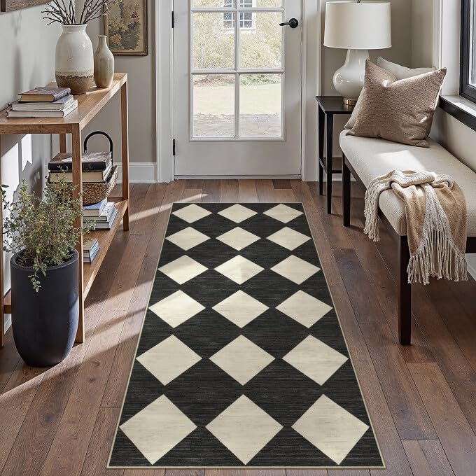 PureCozy Checkered 2x6 Runner Rug for Hallways Black and White Washable Long Carpet Non-Slip Low Pile Modern Soft Indoor Accent Throw Rugs for Entrance Kitchen Bedroom Dining Laundry - color: Checkered Black, size: 2' x 6' (Runner)